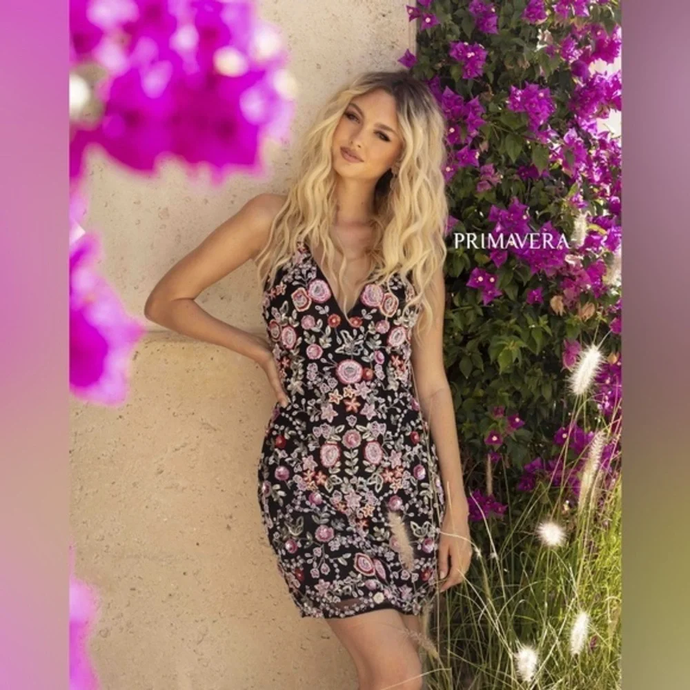 Primavera Couture Floral Embroidered Mini Dress - navy and Pink - Picture 2 of 14